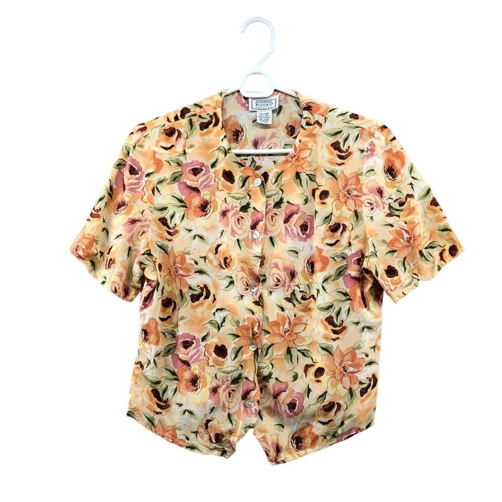 VTG Jennifer Moore 100% Silk Floral Blouse‎ Womens 10P Peach Short Sleeve Button